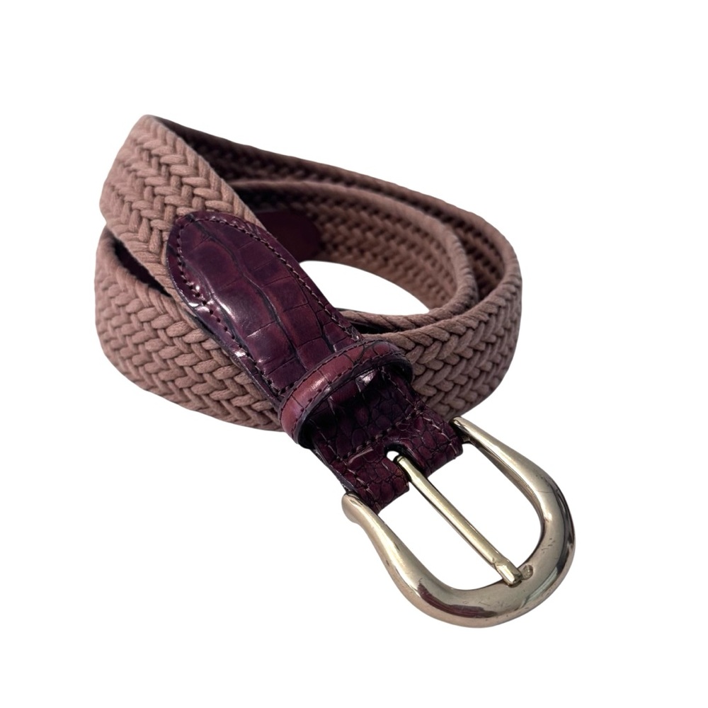 TORINO Braided Stretch Belt Men’s 38 Tan w/Brown Leather Trim Made In USA Brass